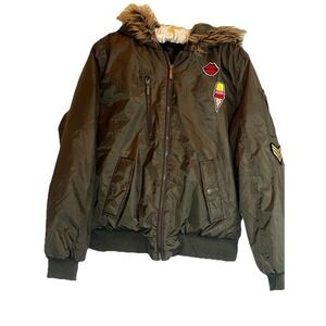 Yoki Outerwear Hooded Bomber Jacket Olive Hooded Patches Fur Trim Women's XL